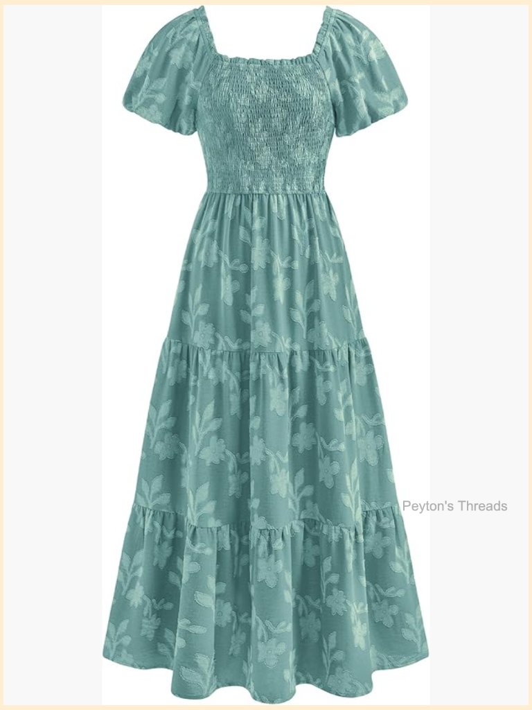 Boho Floral Short Sleeve Square Neck Smocked Flowy Maxi Dress With Pockets
